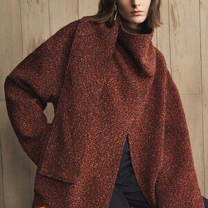 Rust Brown Casual Women's Asymmetrical Scarf Collar Loose Open Front Jacket